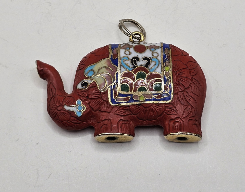 Vintage Cloisonné Look Red Elephant Pendant Floral